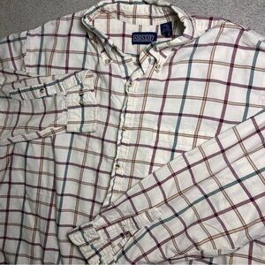 Lands End Shirt Men’s Large White Multicolor Striped Plaid Long Sleeve Button Up
